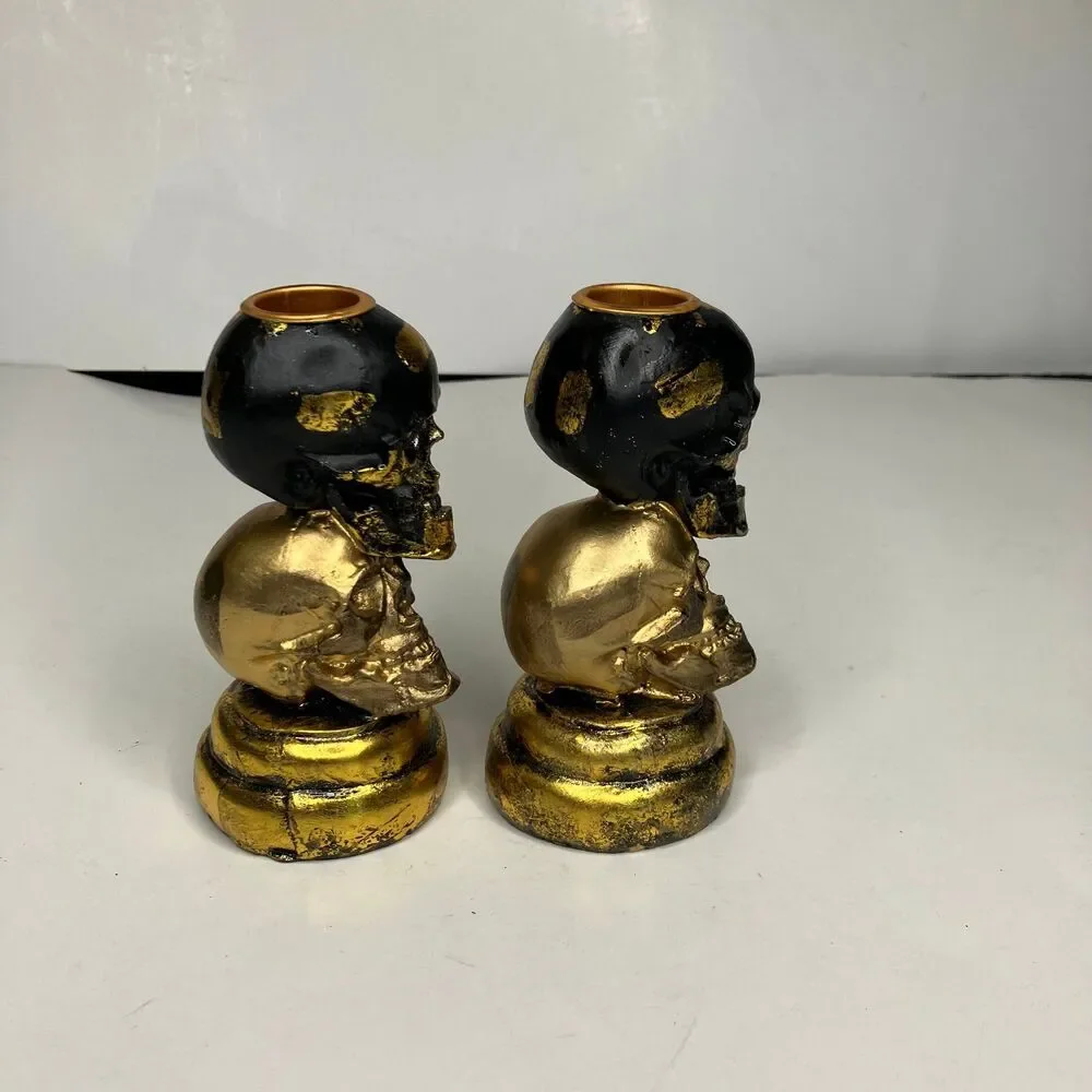 2 Skeleton Halloween Gold Resin Candle Stick Holders 5”
